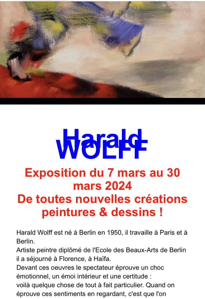Galerie CriDart Metz -exposition Harald Wolff partir Mars 2024.
