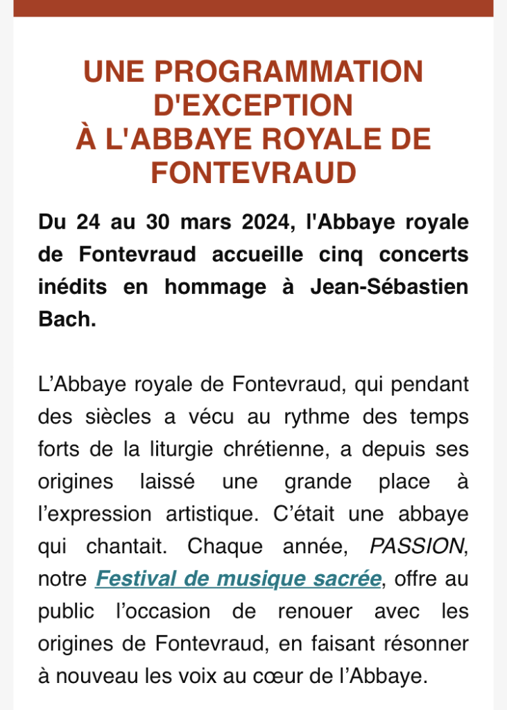 Fontevraud l’Abbaye Royale Passion Festival Musique Sacrée. 24/30 Mars 2024.